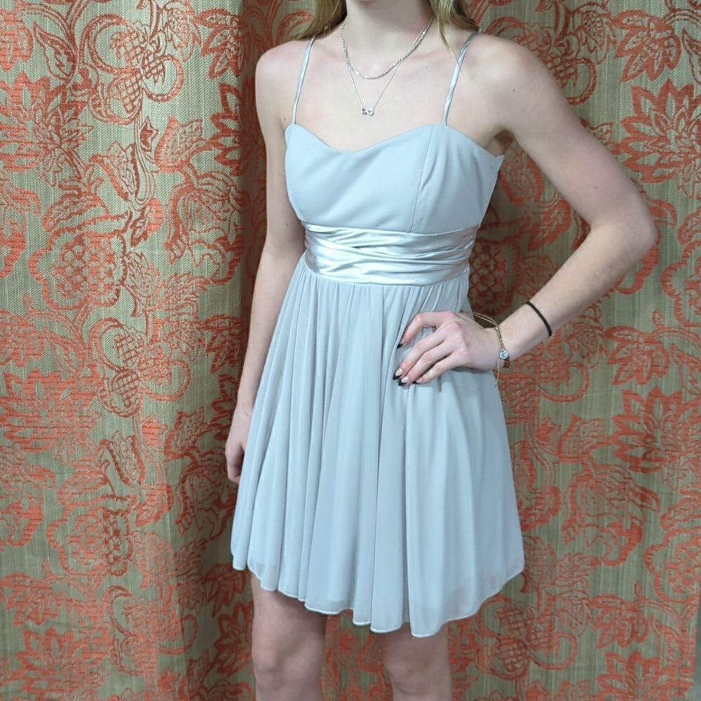 Speechless Junior's light gray Chiffon Pleated Bust spaghetti strap‎ mini Dress